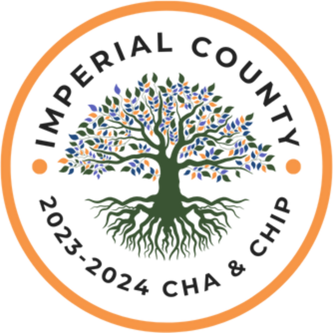 The image is a logo for Imperial County's 2023-2024 Community Health Assessment & Community Health Improvement Plan (CHA & CHIP), featuring a stylized tree with multicolored leaves within a circular border, with relevant text around the perimeter.