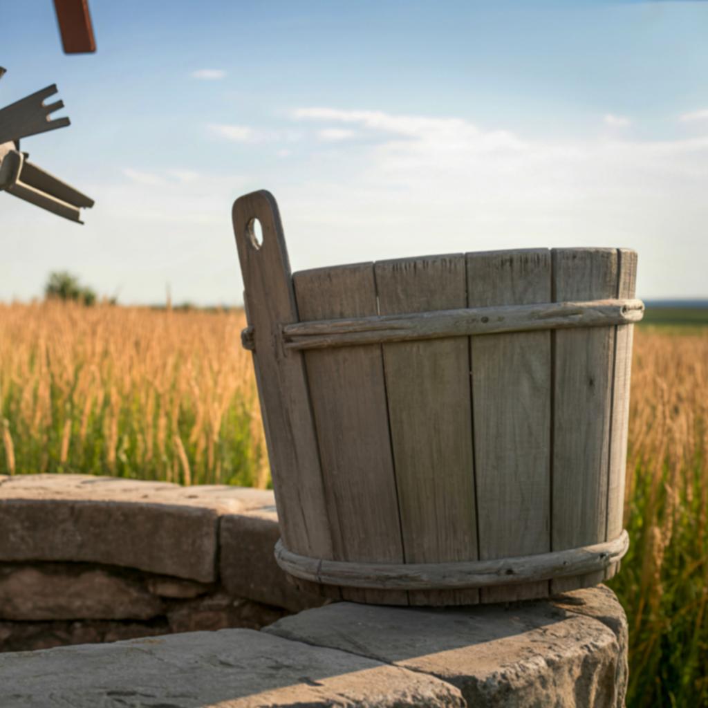 A water well with a brown bucket on top during a sunny day.