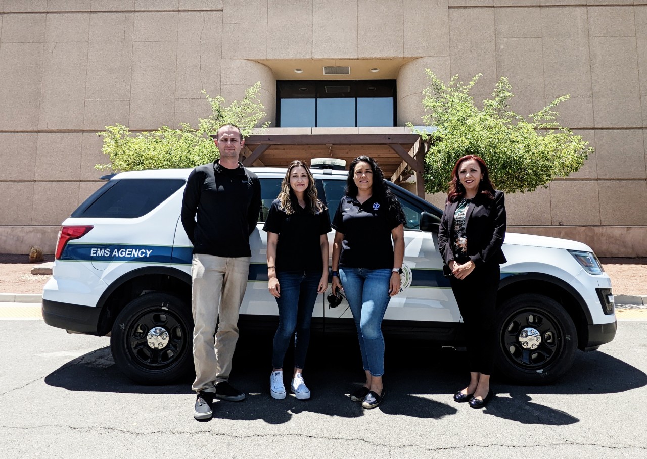 Public Health EMS Agency staff, listed from left to right, James Pintus, Karrah Caldwell, Christopher Herring and Mayra Ibarra all wearing blue Public Health t-shirts