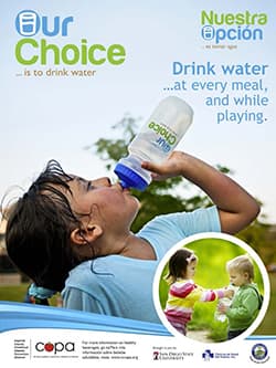 our choice promotional flyer displaying the Our Choice logo with a young girl exhausted girl drinking from an Our Choice water bottle