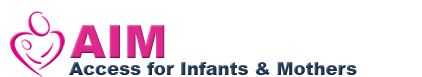 Access for Infants and Mothers logo, silhouette stick figure in pink holding a smaller silhouette stick figure in arms.