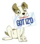 cartoon dog holding a California license plate saying GOT IZ'D