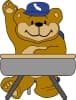 cartoon bear sitting a a desk raising paw in the air